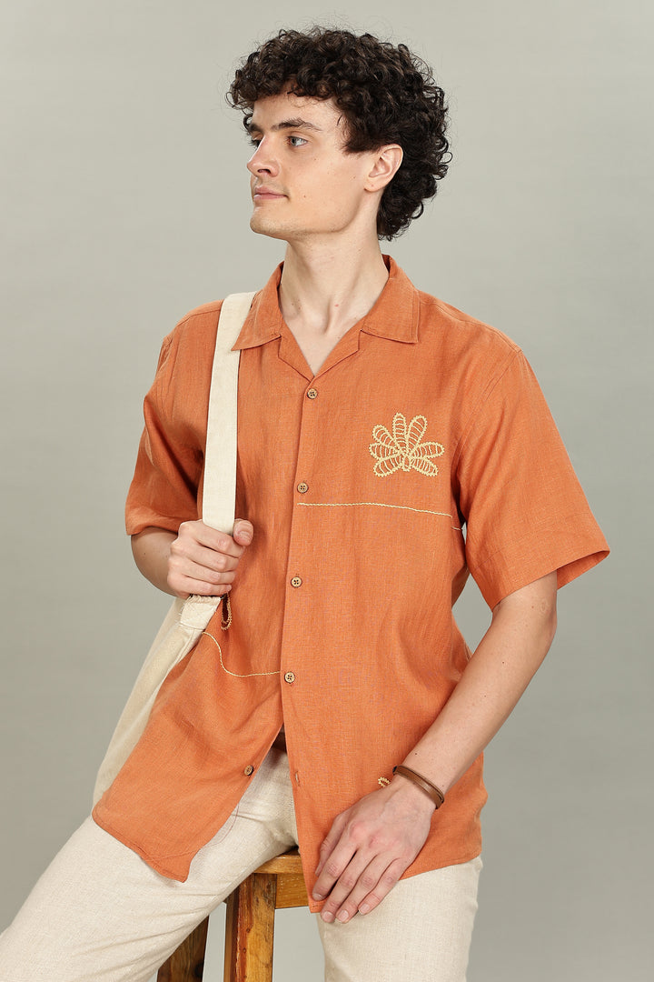 Terracotta Bloom Linen Shirt – 100% Pure Linen | Floral Hand Embroidery | Men’s Summer Fashion