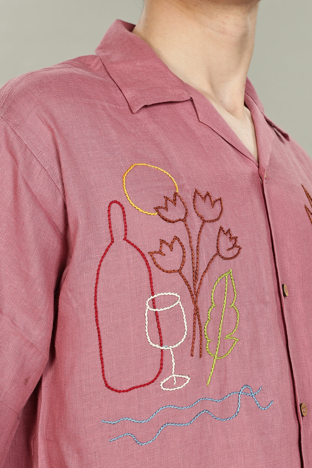 Rose Picnic Linen Shirt - 100% Pure Linen - Dusky Rose - Artistic Embroidery - Men’s Summer Fashion | CraftedLinen
