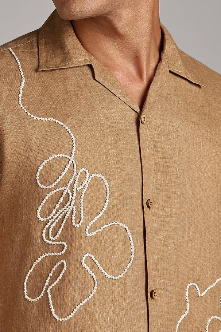 Handwork Camel Brown Linen Shirt – FlowLine Stitch Embroidery – 100% Pure Linen – Men's Trending Fashion | CraftedLinen