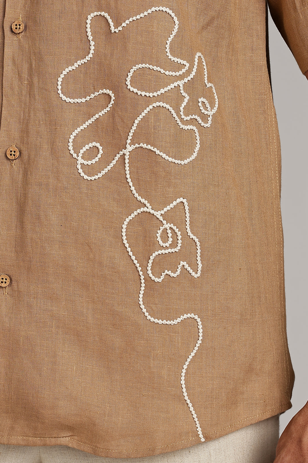 Handwork Camel Brown Linen Shirt – FlowLine Stitch Embroidery – 100% Pure Linen – Men's Trending Fashion | CraftedLinen