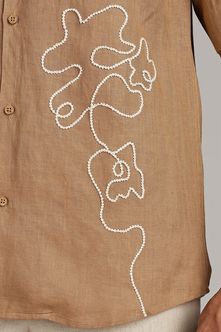 Handwork Camel Brown Linen Shirt – FlowLine Stitch Embroidery – 100% Pure Linen – Men's Trending Fashion | CraftedLinen