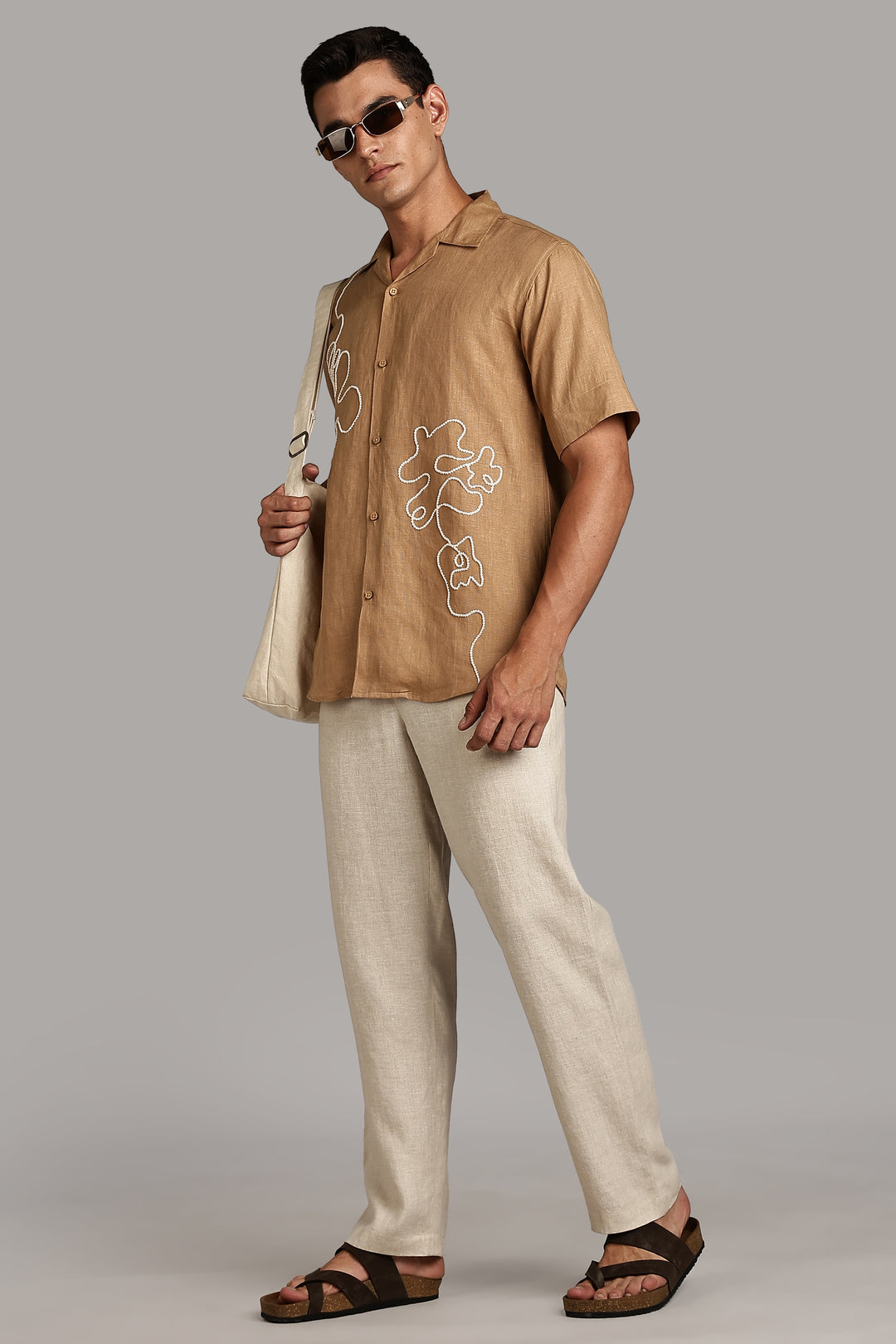 Handwork Camel Brown Linen Shirt – FlowLine Stitch Embroidery – 100% Pure Linen – Men's Trending Fashion | CraftedLinen