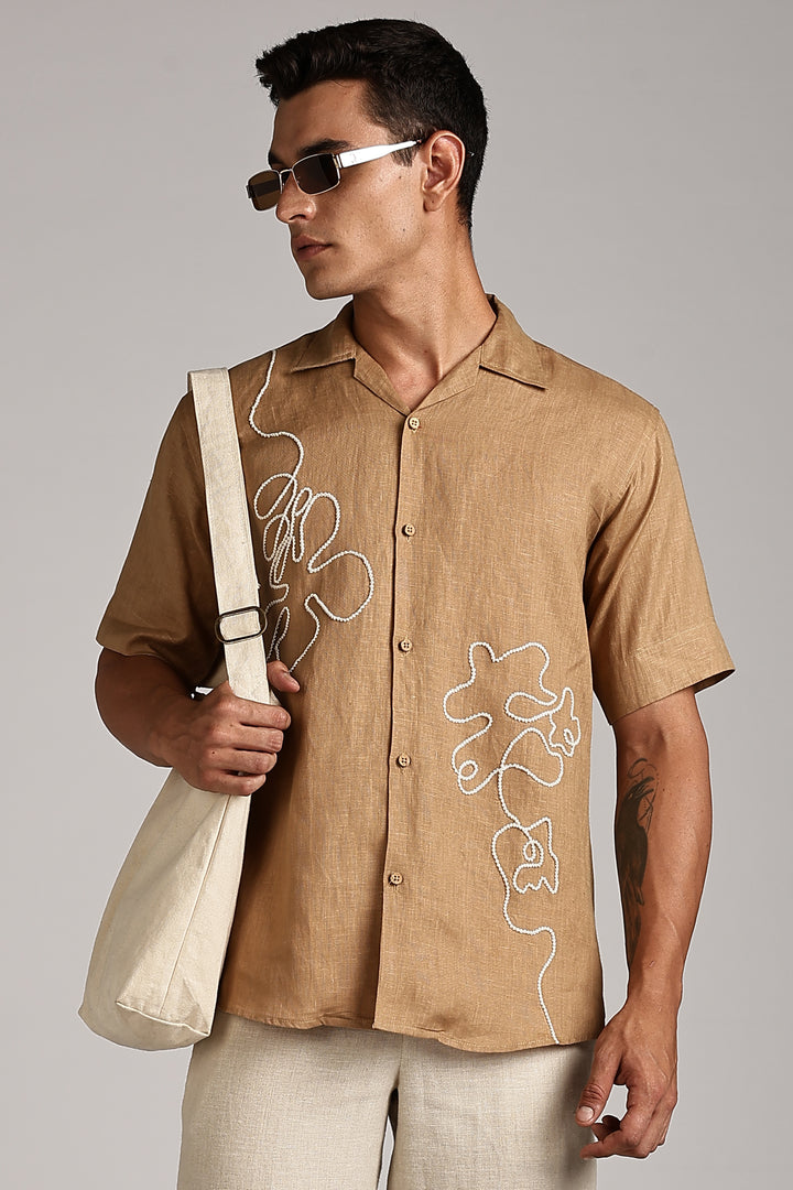 Handwork Camel Brown Linen Shirt – FlowLine Stitch Embroidery – 100% Pure Linen – Men's Trending Fashion | CraftedLinen