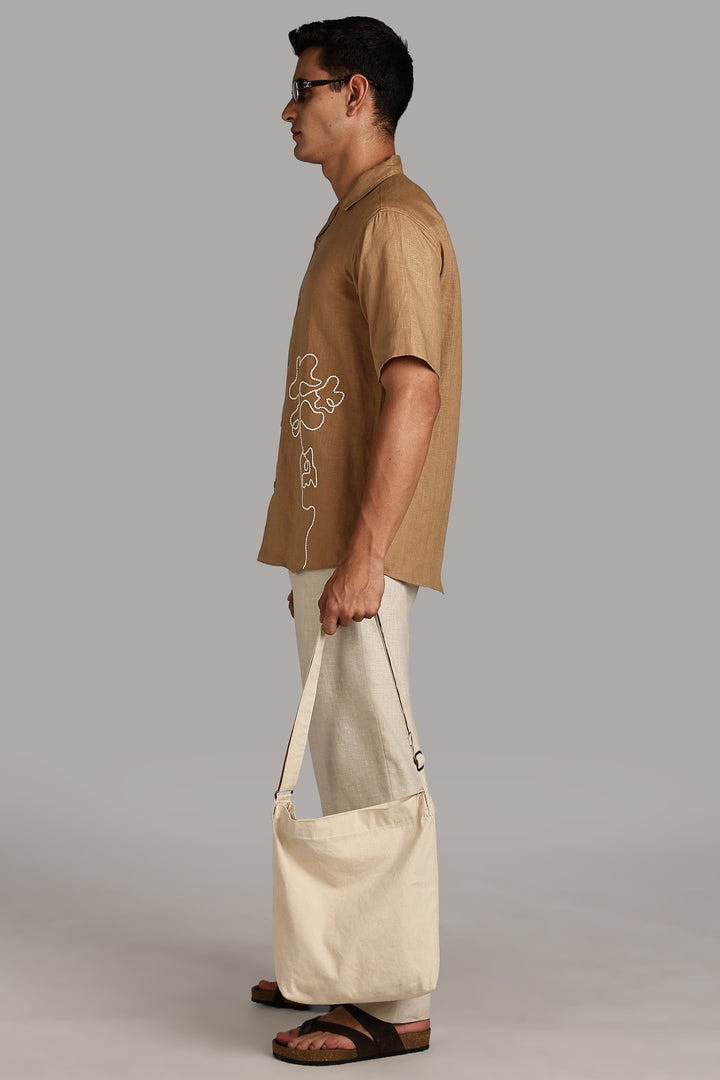 Handwork Camel Brown Linen Shirt – FlowLine Stitch Embroidery – 100% Pure Linen – Men's Trending Fashion | CraftedLinen