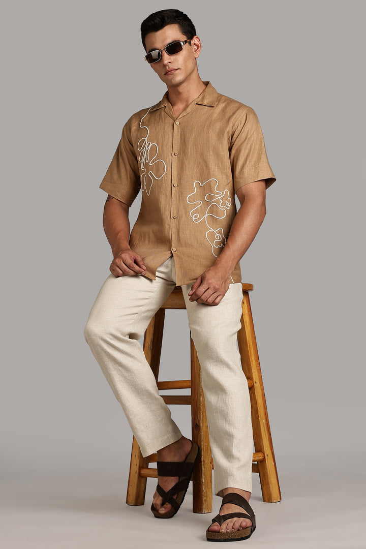 Handwork Camel Brown Linen Shirt – FlowLine Stitch Embroidery – 100% Pure Linen – Men's Trending Fashion | CraftedLinen