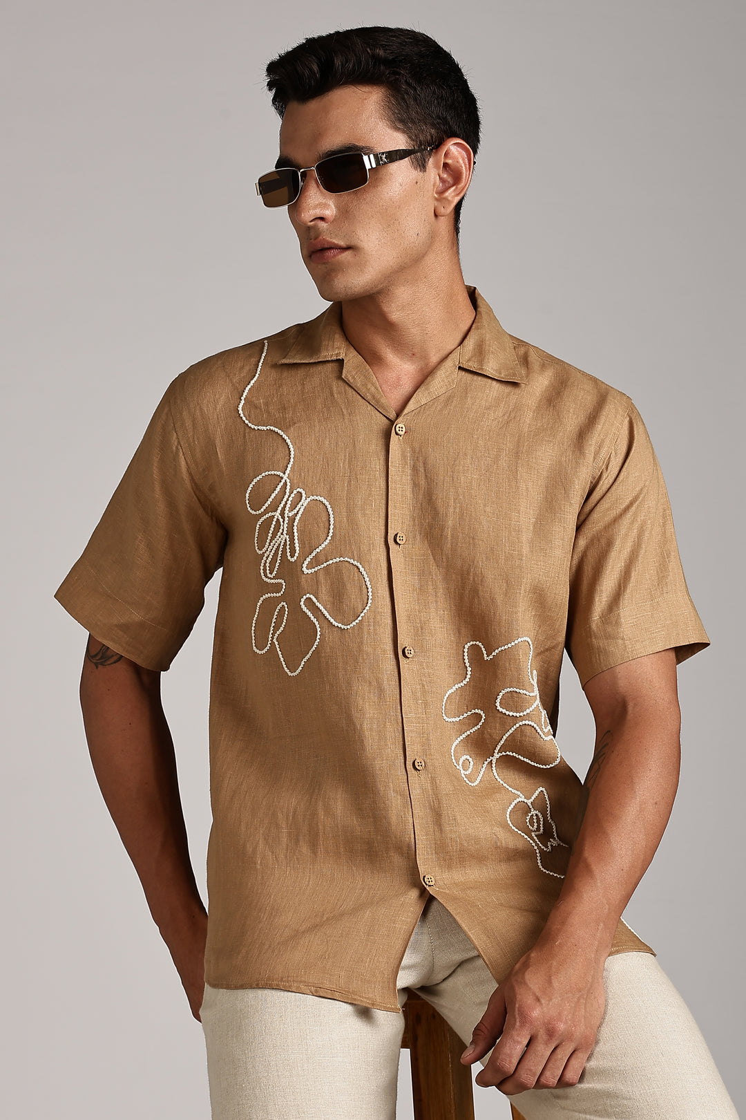 Handwork Camel Brown Linen Shirt – FlowLine Stitch Embroidery – 100% Pure Linen – Men's Trending Fashion | CraftedLinen