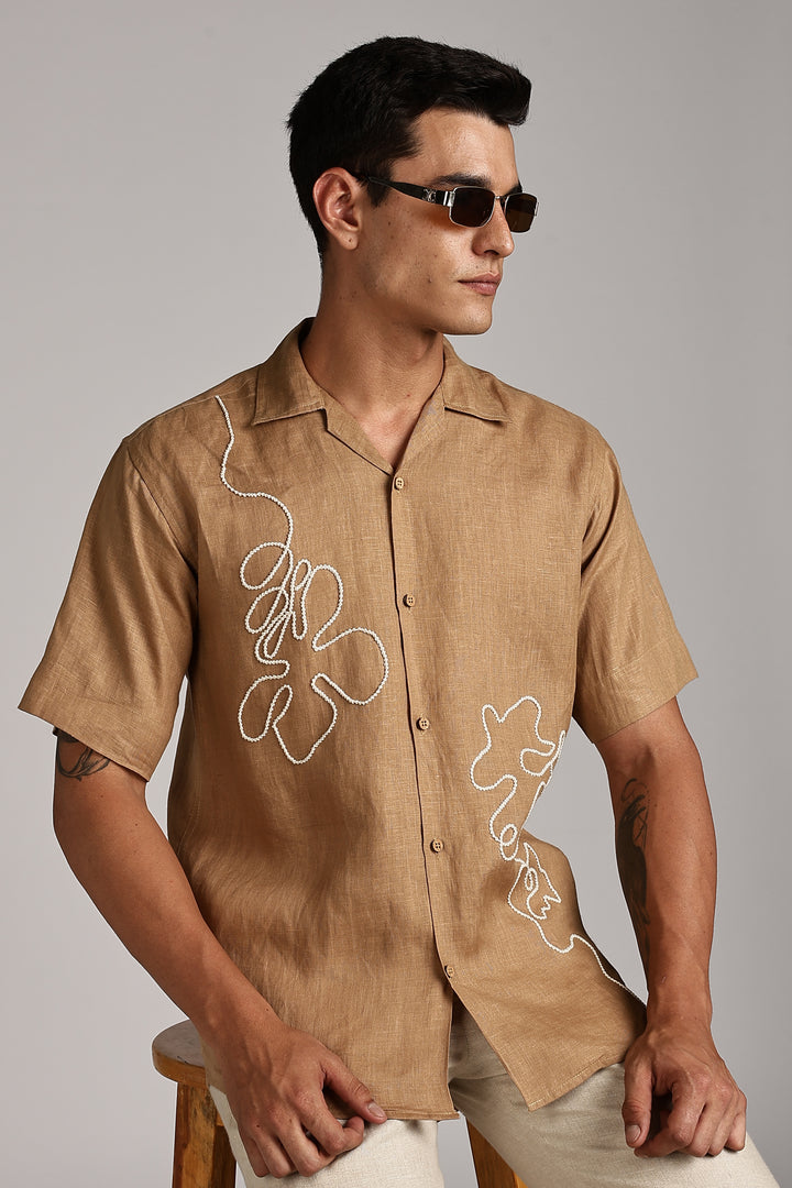 Handwork Camel Brown Linen Shirt – FlowLine Stitch Embroidery – 100% Pure Linen – Men's Trending Fashion | CraftedLinen