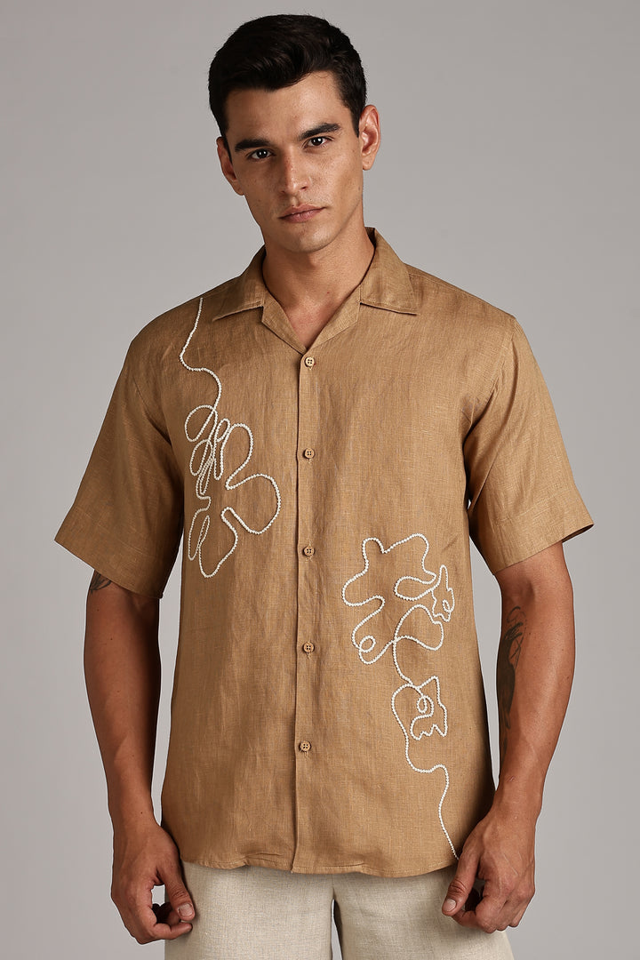 Handwork Camel Brown Linen Shirt – FlowLine Stitch Embroidery – 100% Pure Linen – Men's Trending Fashion | CraftedLinen