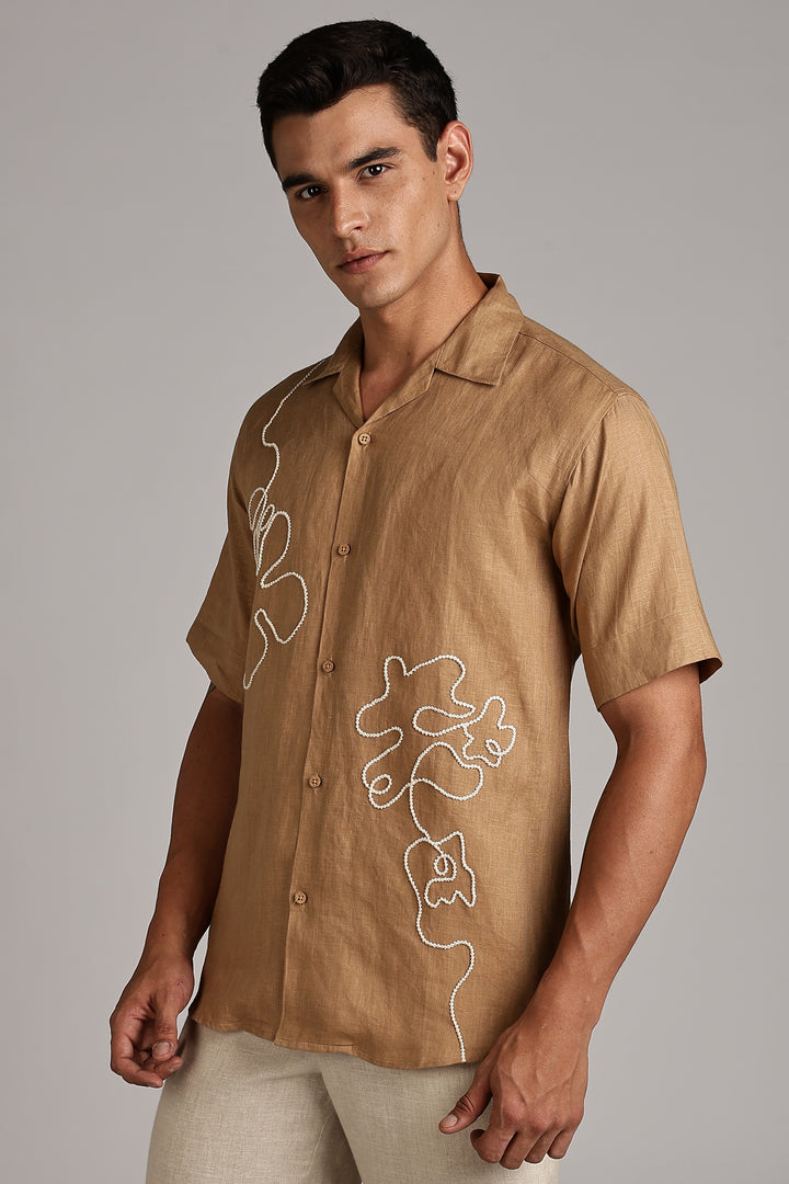 Handwork Camel Brown Linen Shirt – FlowLine Stitch Embroidery – 100% Pure Linen – Men's Trending Fashion | CraftedLinen