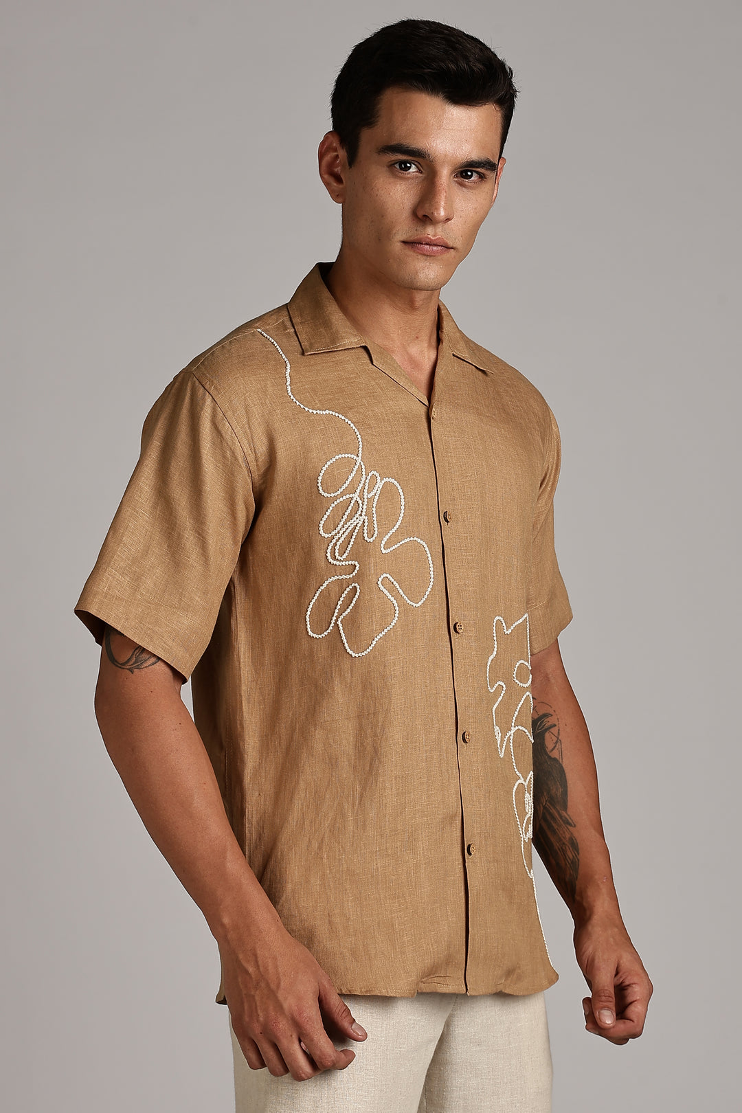 Handwork Camel Brown Linen Shirt – FlowLine Stitch Embroidery – 100% Pure Linen – Men's Trending Fashion | CraftedLinen