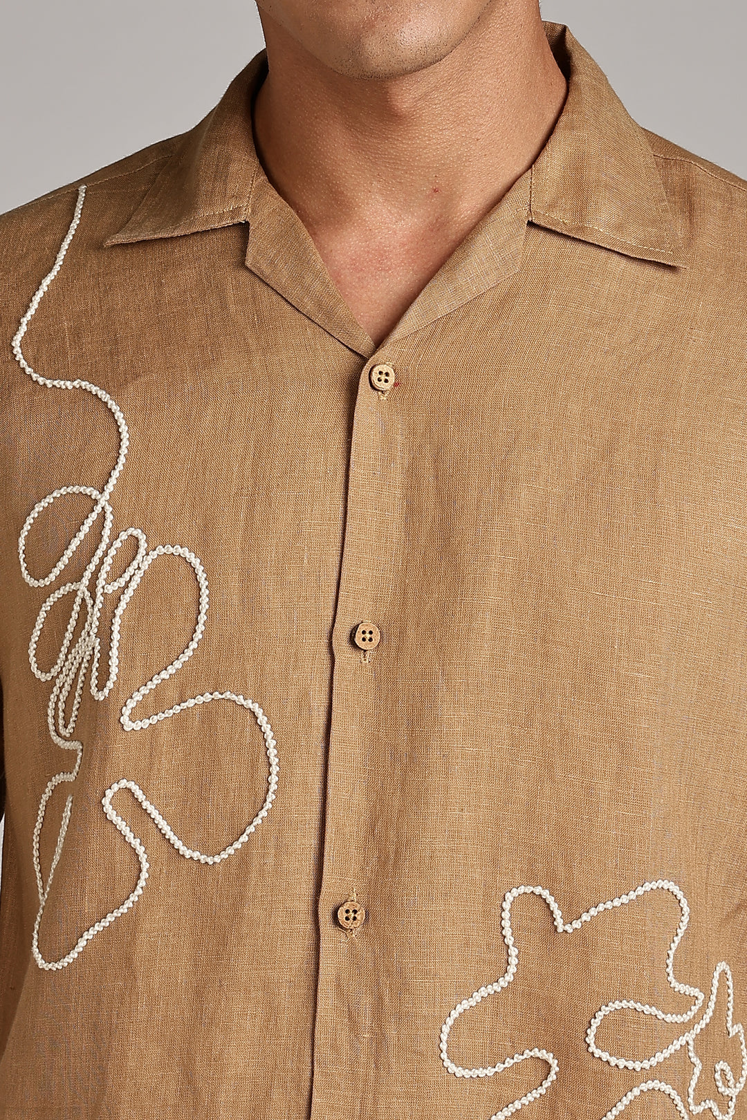 Handwork Camel Brown Linen Shirt – FlowLine Stitch Embroidery – 100% Pure Linen – Men's Trending Fashion | CraftedLinen