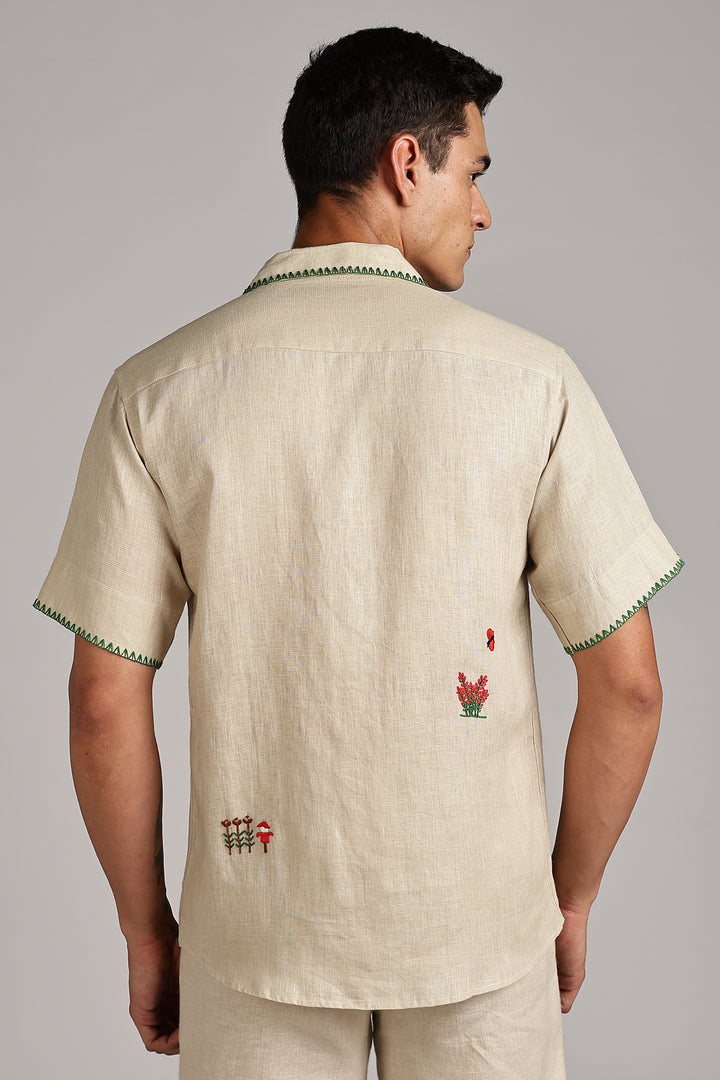 Handwork Natural Beige Linen Shirt - Countryside Embroidery - 100% Pure Linen - Latest Trend in Men’s Fashion | CraftedLinen