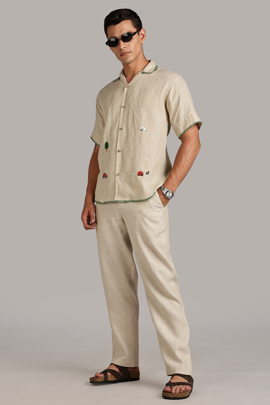 Handwork Natural Beige Linen Shirt - Countryside Embroidery - 100% Pure Linen - Latest Trend in Men’s Fashion | CraftedLinen