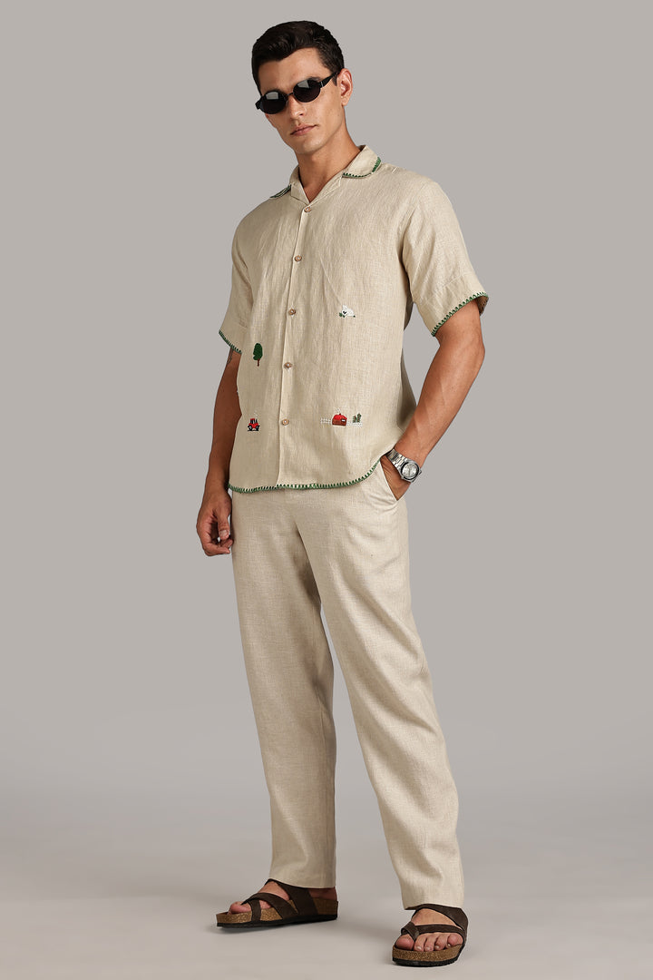Handwork Natural Beige Linen Shirt - Countryside Embroidery - 100% Pure Linen - Latest Trend in Men’s Fashion | CraftedLinen