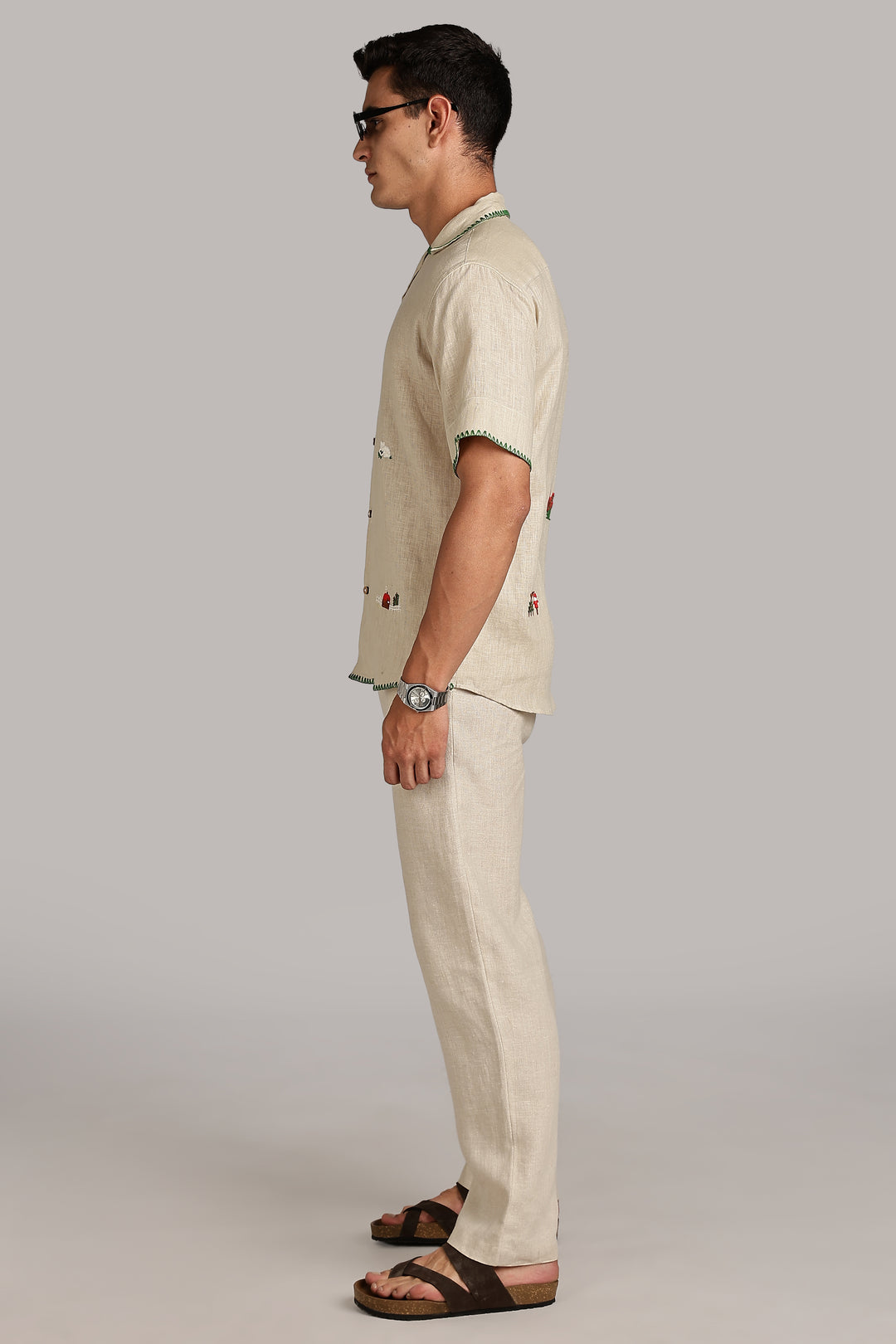 Handwork Natural Beige Linen Shirt - Countryside Embroidery - 100% Pure Linen - Latest Trend in Men’s Fashion | CraftedLinen