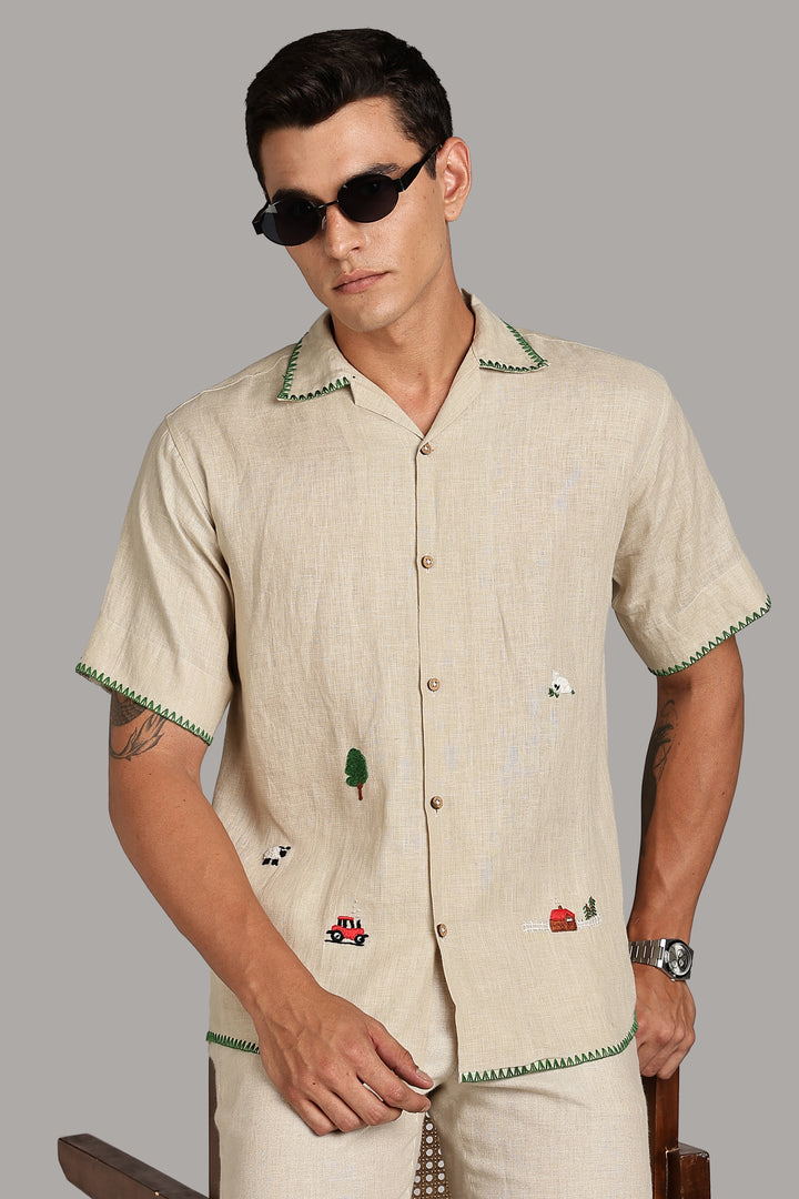 Handwork Natural Beige Linen Shirt - Countryside Embroidery - 100% Pure Linen - Latest Trend in Men’s Fashion | CraftedLinen
