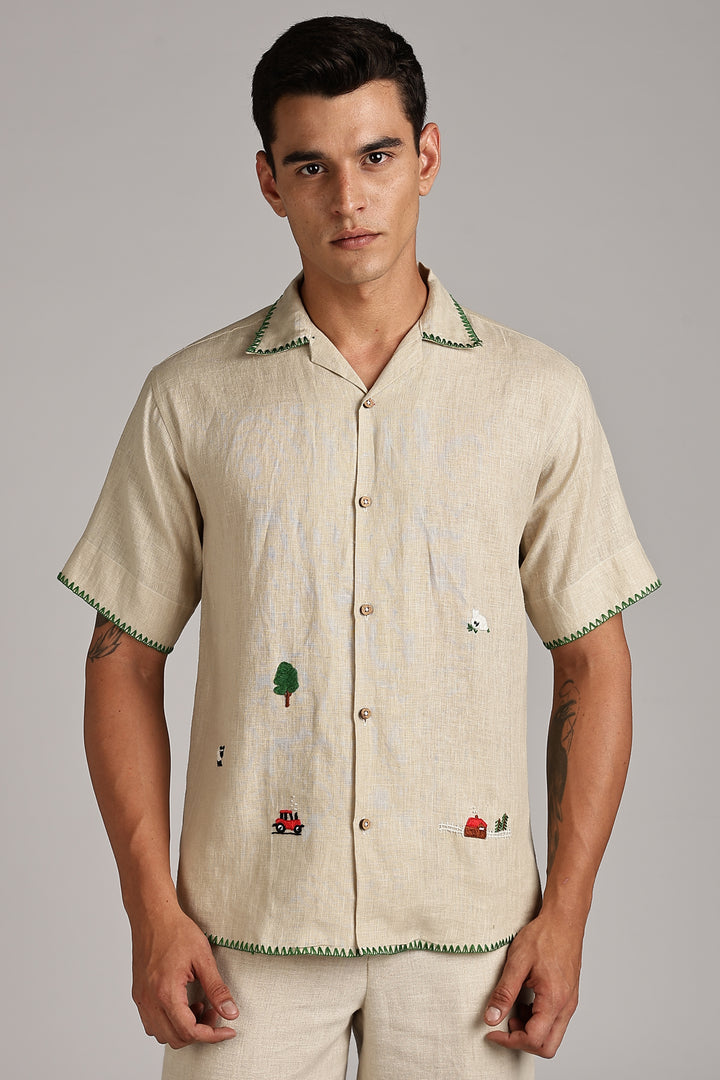 Handwork Natural Beige Linen Shirt - Countryside Embroidery - 100% Pure Linen - Latest Trend in Men’s Fashion | CraftedLinen