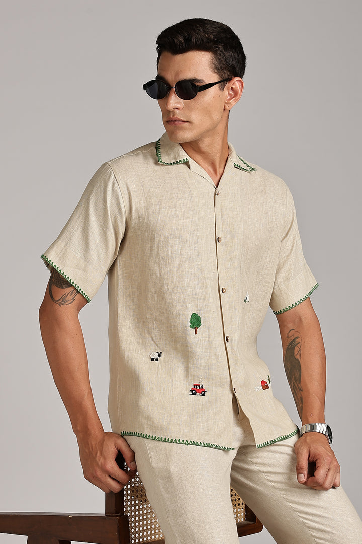 Handwork Natural Beige Linen Shirt - Countryside Embroidery - 100% Pure Linen - Latest Trend in Men’s Fashion | CraftedLinen