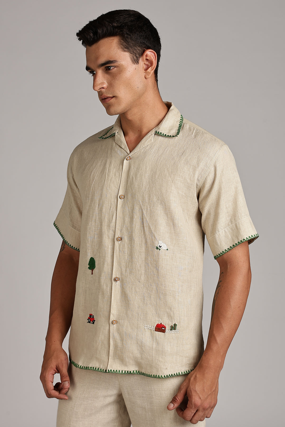 Handwork Natural Beige Linen Shirt - Countryside Embroidery - 100% Pure Linen - Latest Trend in Men’s Fashion | CraftedLinen