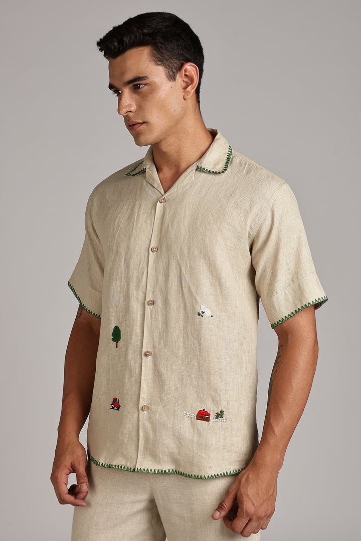 Handwork Natural Beige Linen Shirt - Countryside Embroidery - 100% Pure Linen - Latest Trend in Men’s Fashion | CraftedLinen