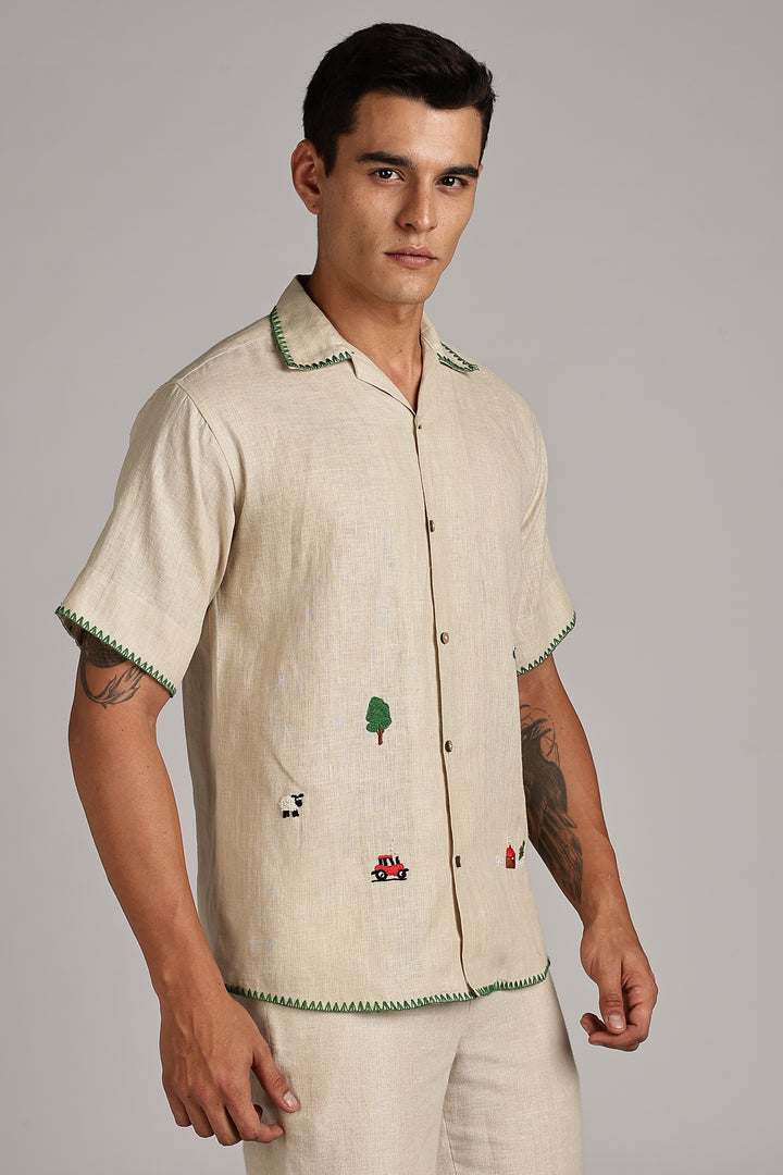 Handwork Natural Beige Linen Shirt - Countryside Embroidery - 100% Pure Linen - Latest Trend in Men’s Fashion | CraftedLinen