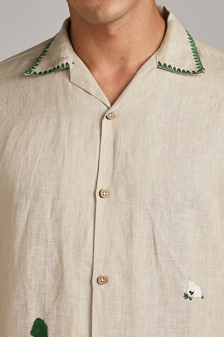 Handwork Natural Beige Linen Shirt - Countryside Embroidery - 100% Pure Linen - Latest Trend in Men’s Fashion | CraftedLinen