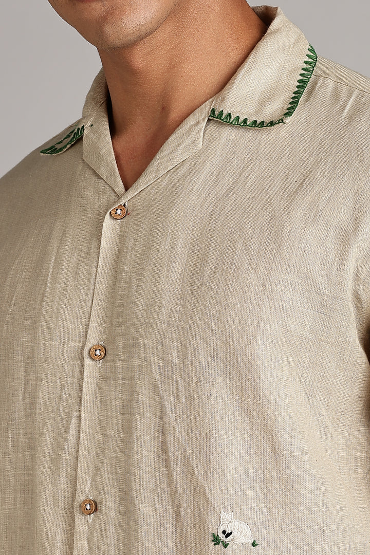 Handwork Natural Beige Linen Shirt - Countryside Embroidery - 100% Pure Linen - Latest Trend in Men’s Fashion | CraftedLinen