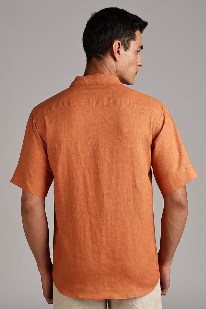 Handwork Orange Linen Shirt - Dual Face Line Embroidery - 100% Pure Linen - Men's Trending Fashion | CraftedLinen