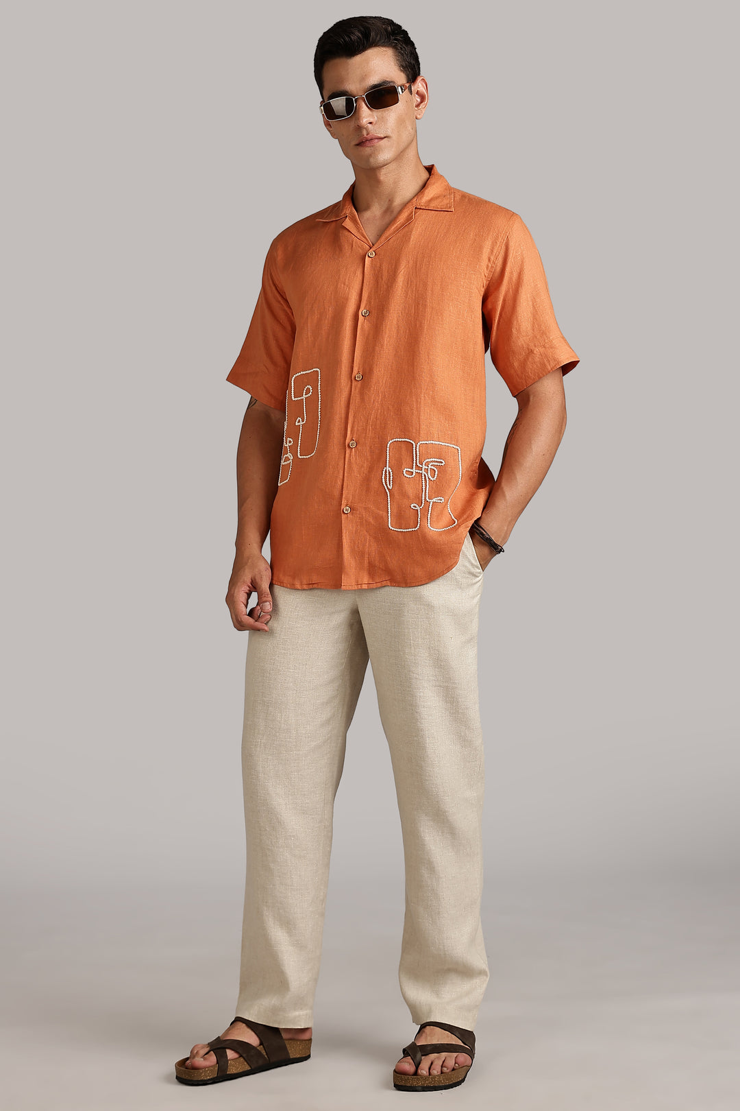Handwork Orange Linen Shirt - Dual Face Line Embroidery - 100% Pure Linen - Men's Trending Fashion | CraftedLinen