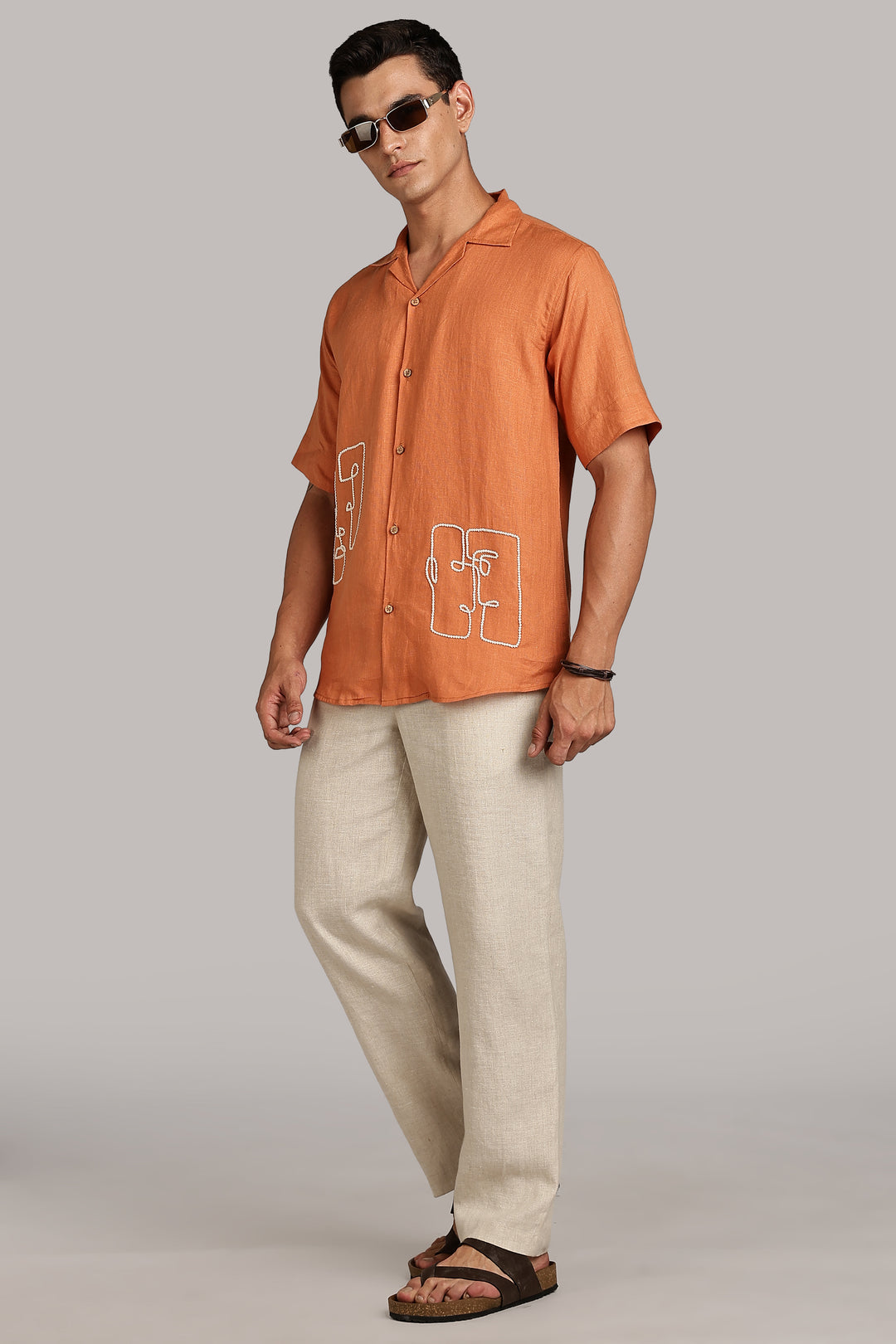 Handwork Orange Linen Shirt - Dual Face Line Embroidery - 100% Pure Linen - Men's Trending Fashion | CraftedLinen
