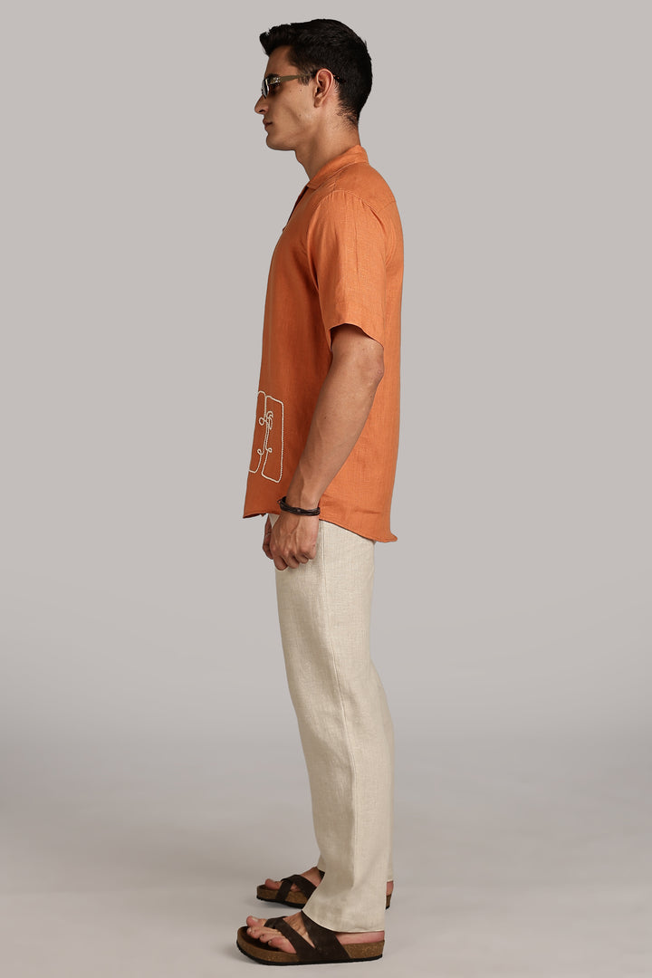 Handwork Orange Linen Shirt - Dual Face Line Embroidery - 100% Pure Linen - Men's Trending Fashion | CraftedLinen