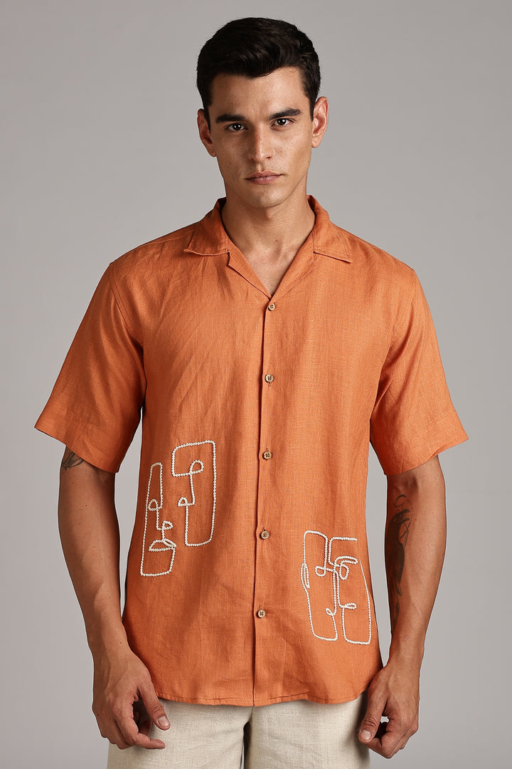 Handwork Orange Linen Shirt - Dual Face Line Embroidery - 100% Pure Linen - Men's Trending Fashion | CraftedLinen