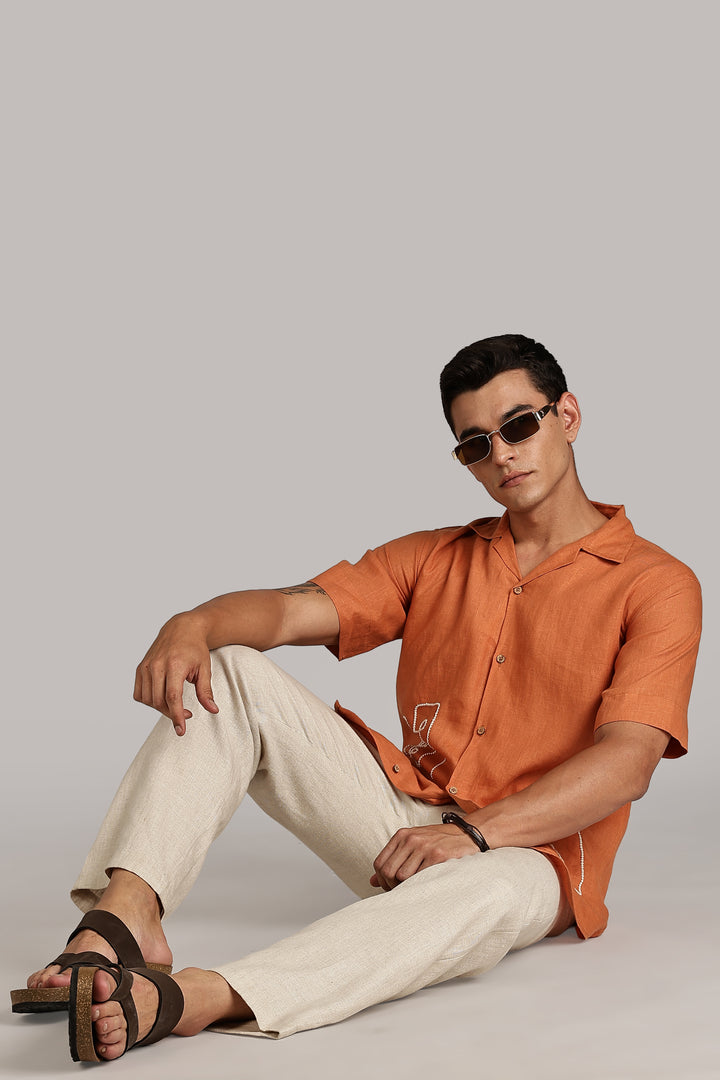 Handwork Orange Linen Shirt - Dual Face Line Embroidery - 100% Pure Linen - Men's Trending Fashion | CraftedLinen