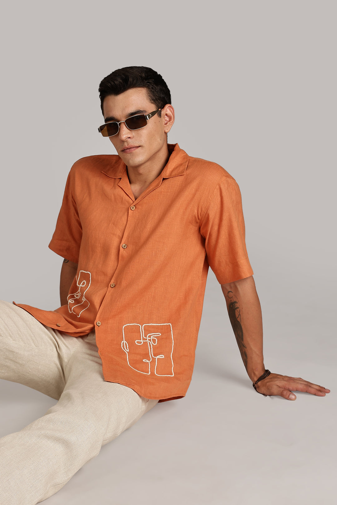Handwork Orange Linen Shirt - Dual Face Line Embroidery - 100% Pure Linen - Men's Trending Fashion | CraftedLinen