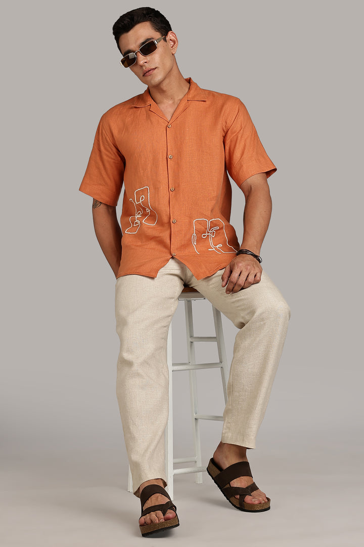 Handwork Orange Linen Shirt - Dual Face Line Embroidery - 100% Pure Linen - Men's Trending Fashion | CraftedLinen