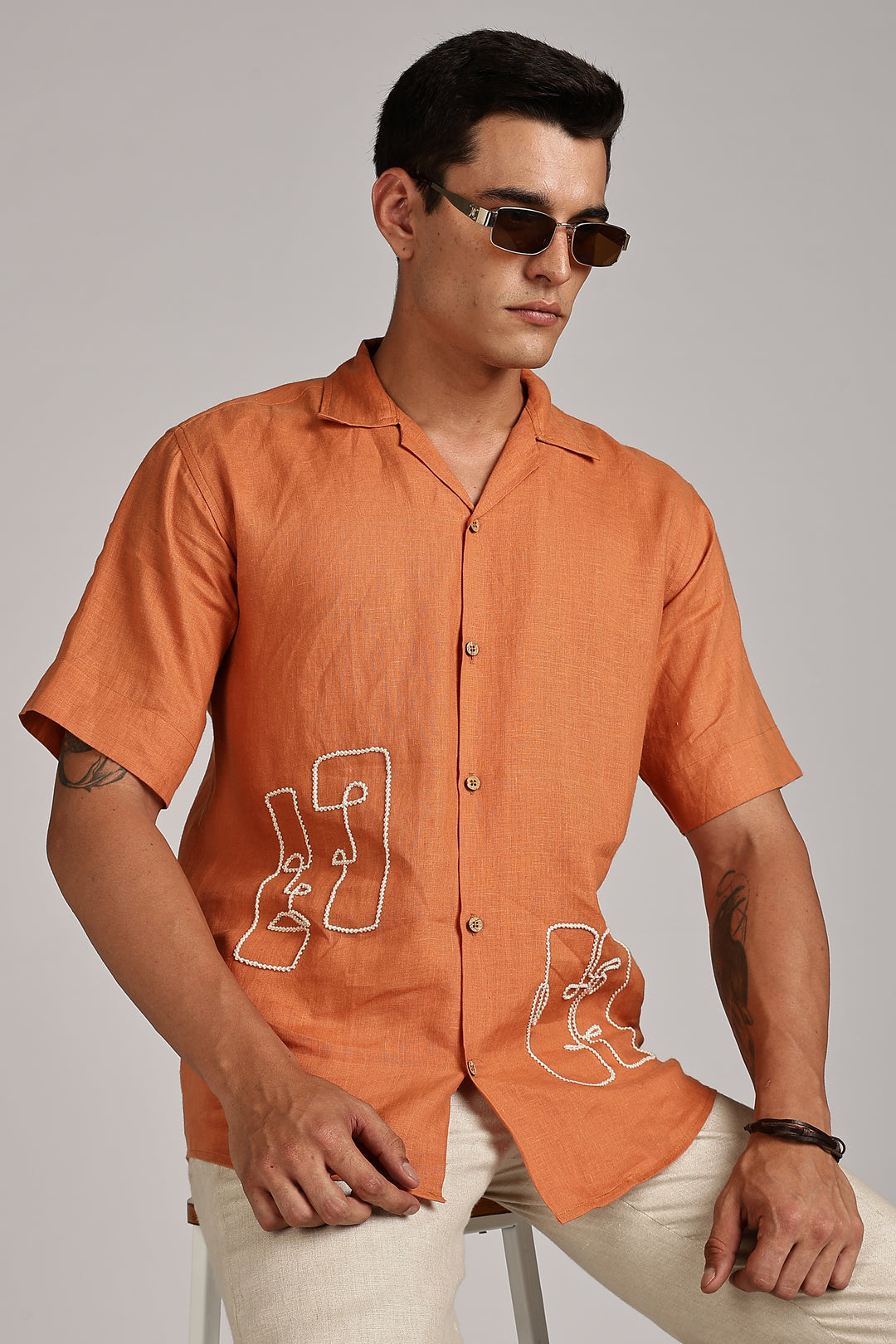 Handwork Orange Linen Shirt - Dual Face Line Embroidery - 100% Pure Linen - Men's Trending Fashion | CraftedLinen