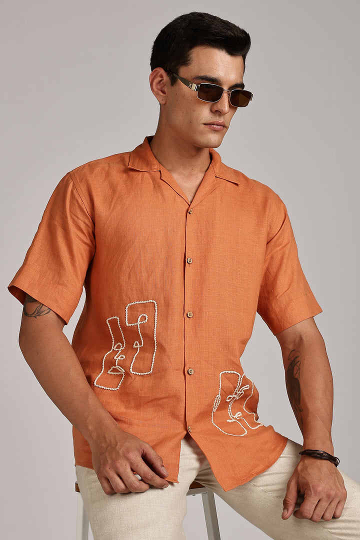 Handwork Orange Linen Shirt - Dual Face Line Embroidery - 100% Pure Linen - Men's Trending Fashion | CraftedLinen