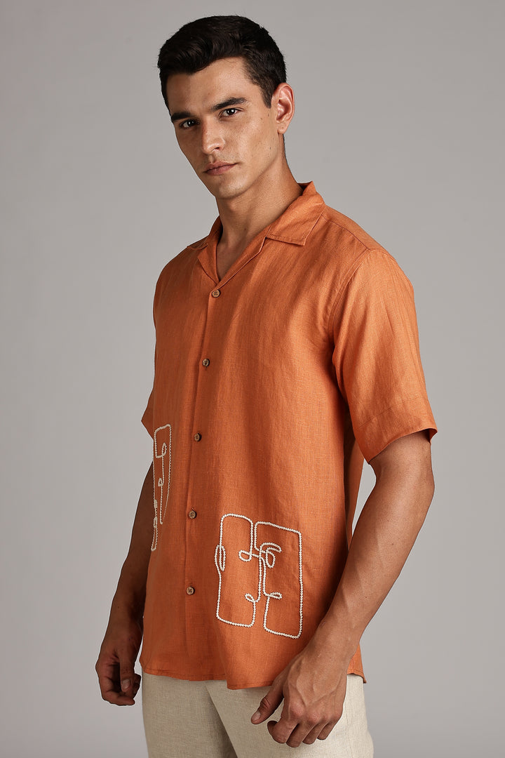 Handwork Orange Linen Shirt - Dual Face Line Embroidery - 100% Pure Linen - Men's Trending Fashion | CraftedLinen