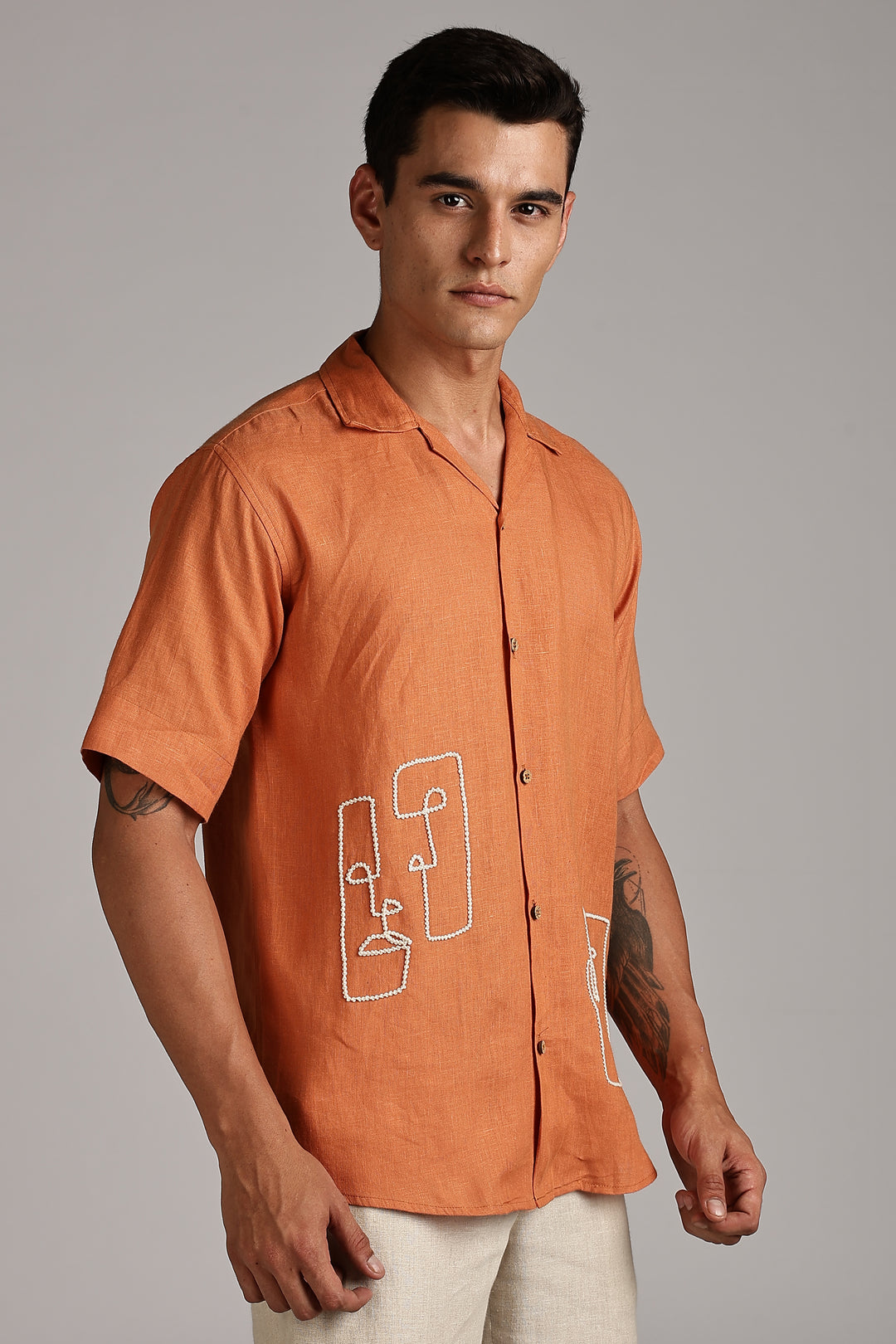 Handwork Orange Linen Shirt - Dual Face Line Embroidery - 100% Pure Linen - Men's Trending Fashion | CraftedLinen