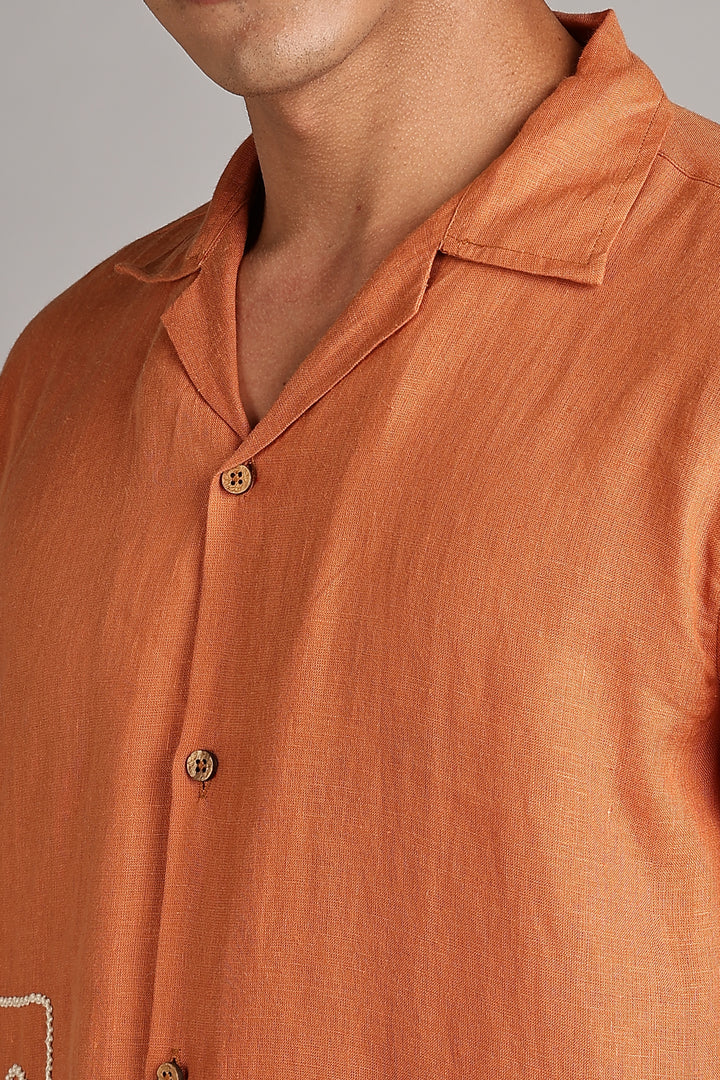Handwork Orange Linen Shirt - Dual Face Line Embroidery - 100% Pure Linen - Men's Trending Fashion | CraftedLinen