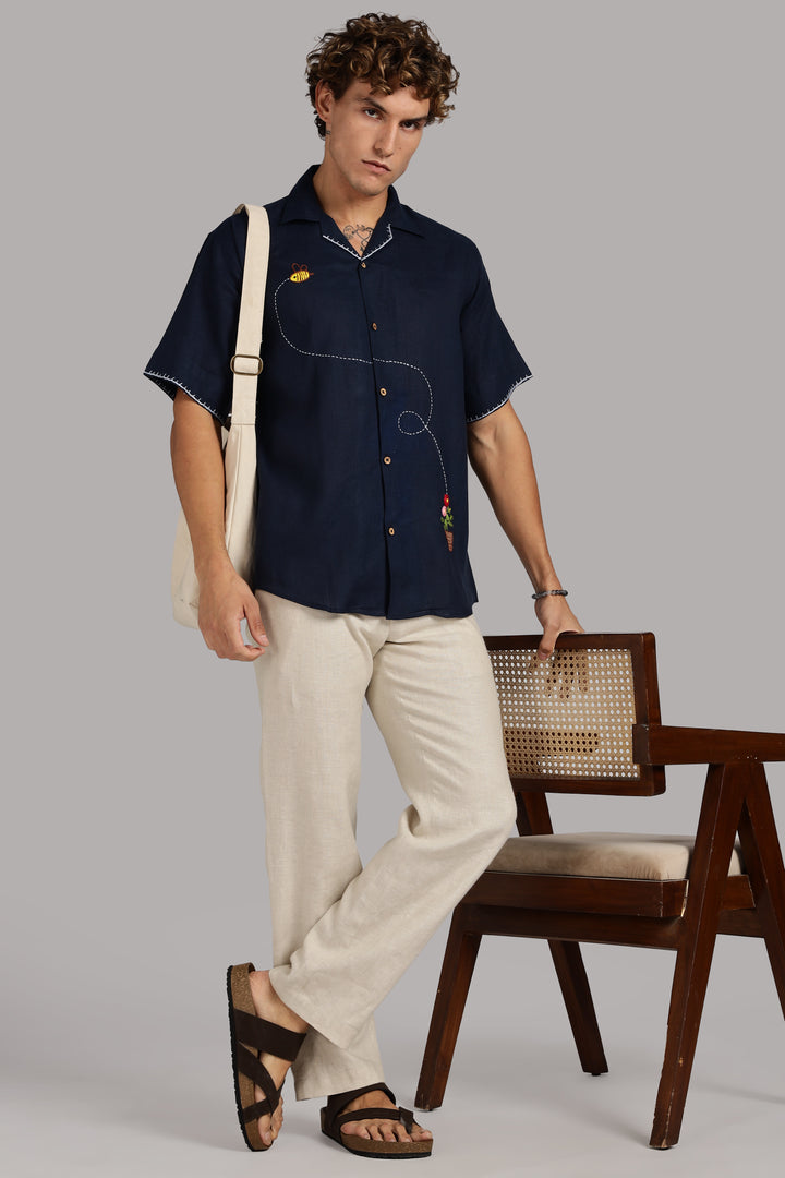 Bee & Bloom Embroidered Linen Shirt - Navy Blue - 100% Pure Handcrafted Linen - Trending Men's Fashion | CraftedLinen