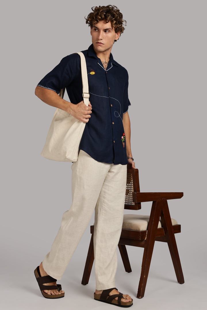 Bee & Bloom Embroidered Linen Shirt - Navy Blue - 100% Pure Handcrafted Linen - Trending Men's Fashion | CraftedLinen