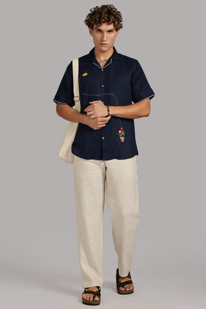 Bee & Bloom Embroidered Linen Shirt - Navy Blue - 100% Pure Handcrafted Linen - Trending Men's Fashion | CraftedLinen