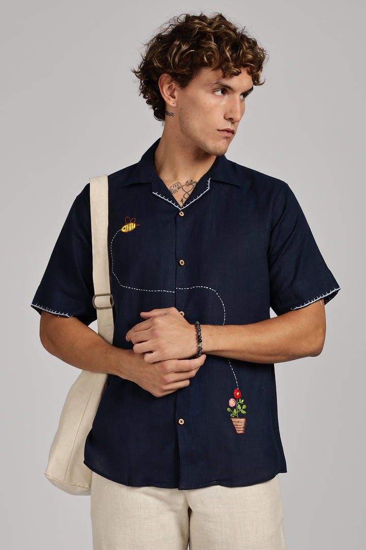 Bee & Bloom Embroidered Linen Shirt - Navy Blue - 100% Pure Handcrafted Linen - Trending Men's Fashion | CraftedLinen