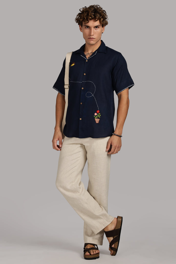Bee & Bloom Embroidered Linen Shirt - Navy Blue - 100% Pure Handcrafted Linen - Trending Men's Fashion | CraftedLinen