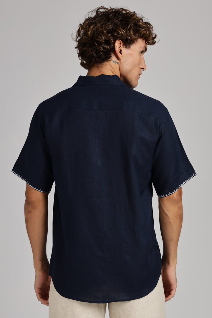 Bee & Bloom Embroidered Linen Shirt - Navy Blue - 100% Pure Handcrafted Linen - Trending Men's Fashion | CraftedLinen