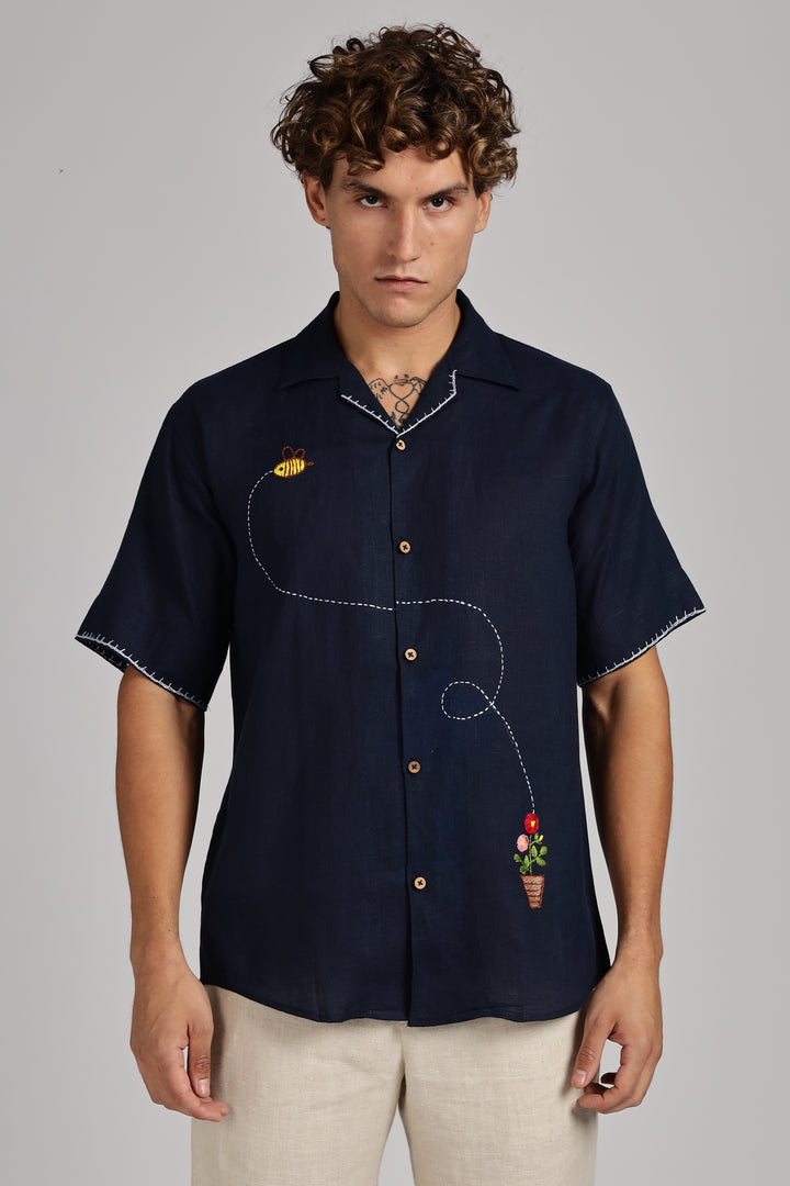 Bee & Bloom Embroidered Linen Shirt - Navy Blue - 100% Pure Handcrafted Linen - Trending Men's Fashion | CraftedLinen