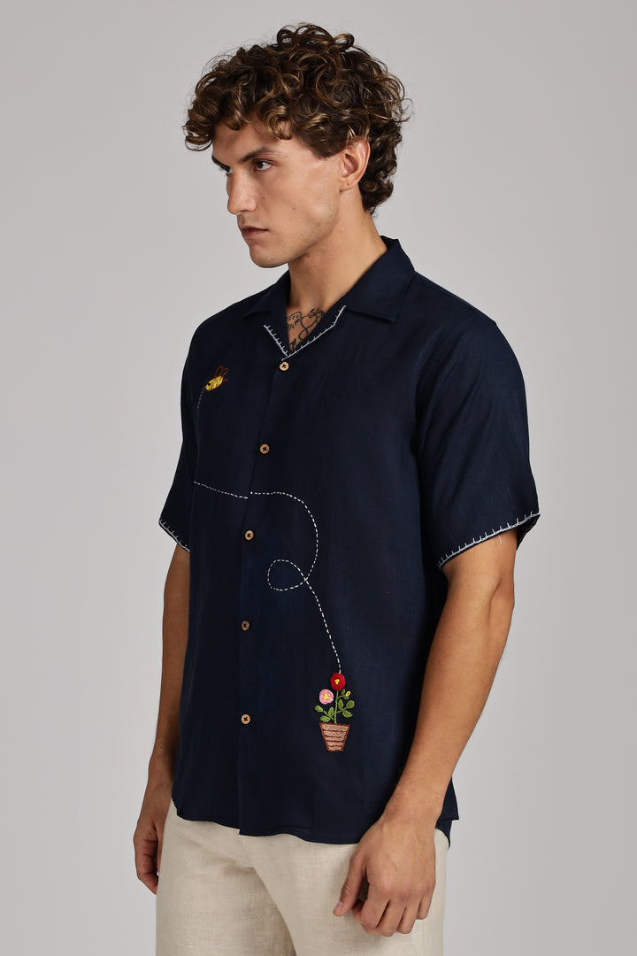 Bee & Bloom Embroidered Linen Shirt - Navy Blue - 100% Pure Handcrafted Linen - Trending Men's Fashion | CraftedLinen