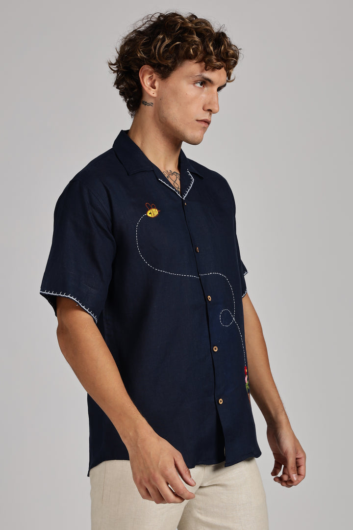Bee & Bloom Embroidered Linen Shirt - Navy Blue - 100% Pure Handcrafted Linen - Trending Men's Fashion | CraftedLinen