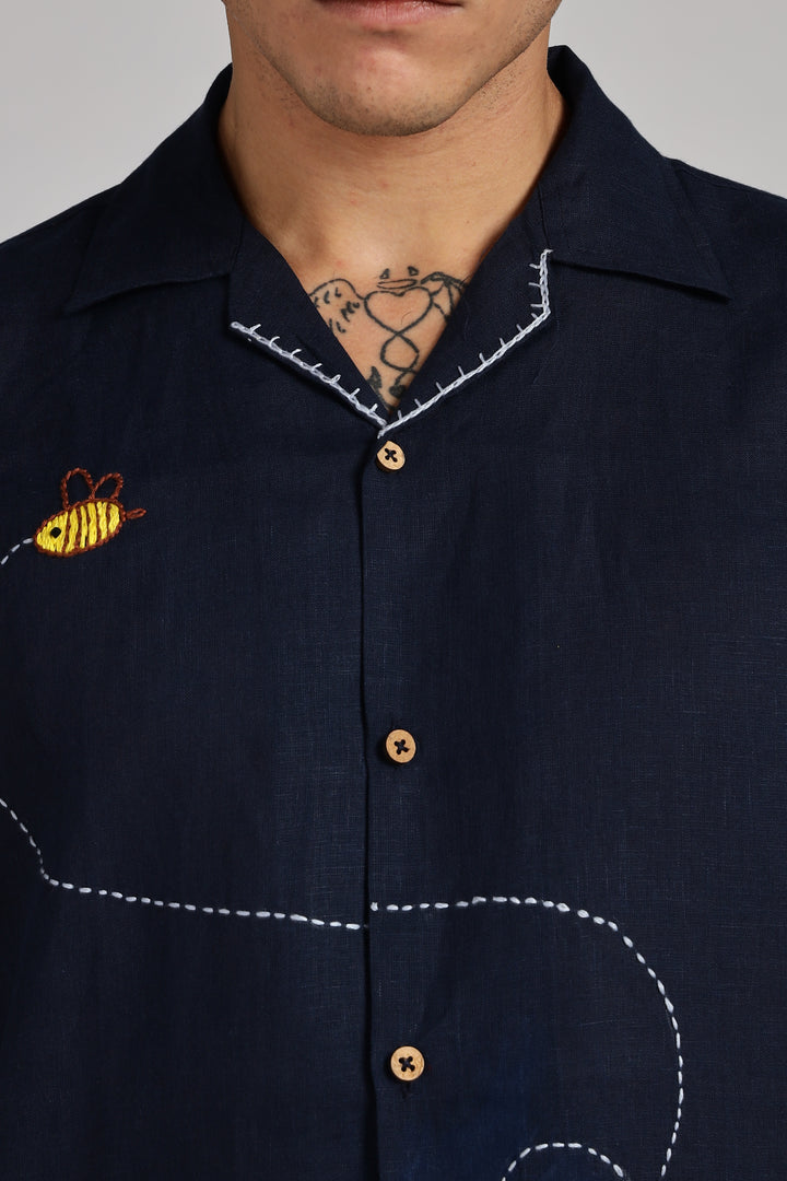 Bee & Bloom Embroidered Linen Shirt - Navy Blue - 100% Pure Handcrafted Linen - Trending Men's Fashion | CraftedLinen